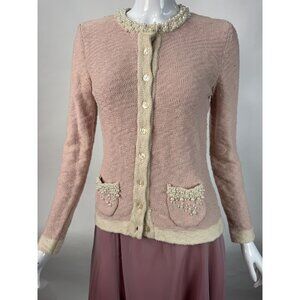 Chadwicks Pink Pearl Embellished Cardigan Sweater S 85% Cotton 15% Acrylic Made